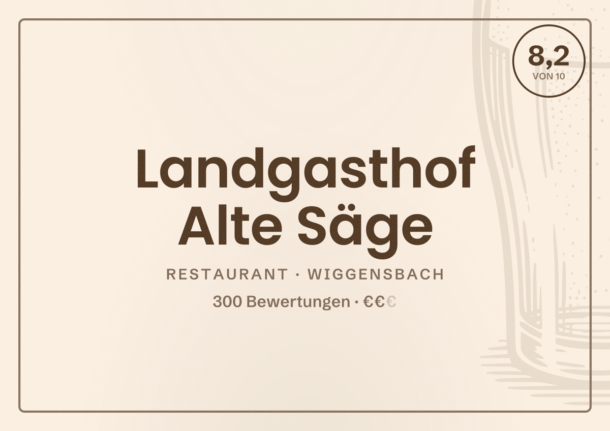 Illustriertes Poster von Landgasthof Alte Säge, Restaurant in Wiggensbach: Bewertung 8,2 von 10 aus 300 Bewertungen, Preisniveau €€
