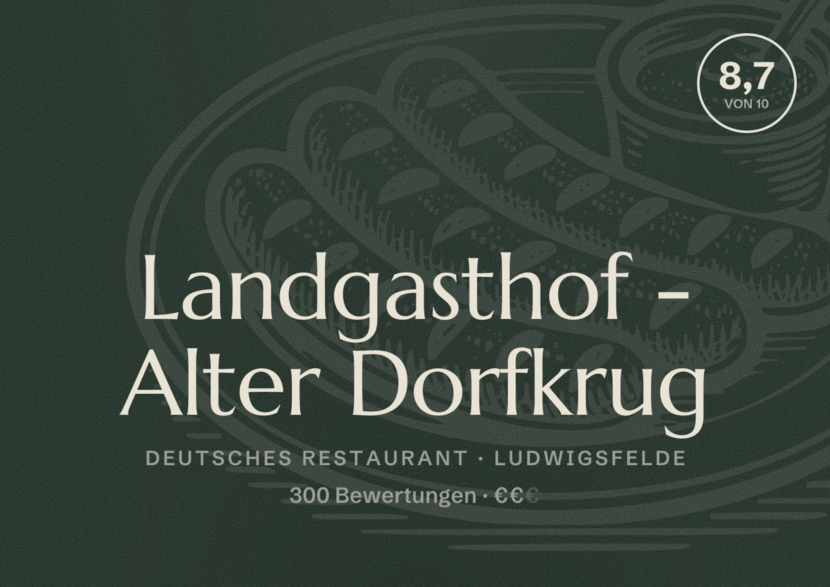 Illustriertes Poster von Landgasthof - Alter Dorfkrug, Deutsches Restaurant in Ludwigsfelde: Bewertung 8,7 von 10 aus 300 Bewertungen, Preisniveau €€