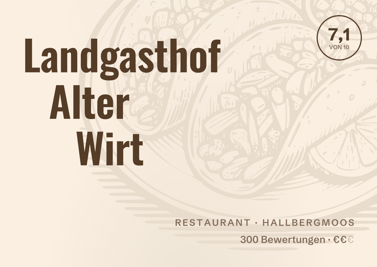 Illustriertes Poster von Landgasthof Alter Wirt, Restaurant in Hallbergmoos: Bewertung 7,1 von 10 aus 300 Bewertungen, Preisniveau €€