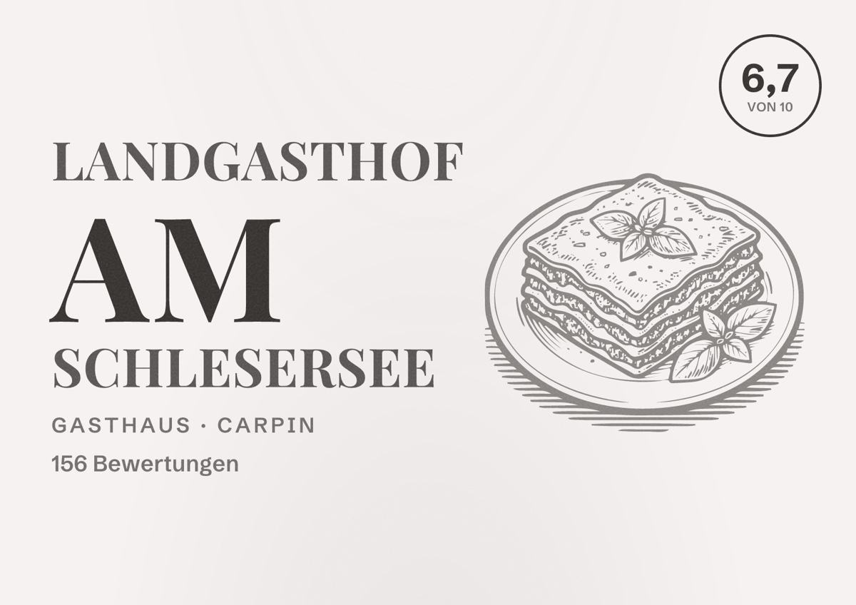 Illustriertes Poster von Landgasthof am Schlesersee, Gasthaus in Carpin: Bewertung 6,7 von 10 aus 156 Bewertungen