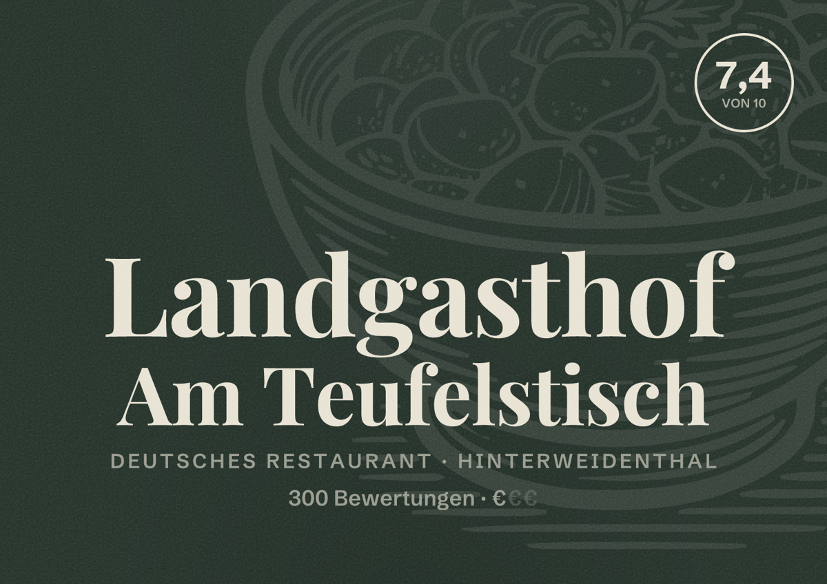 Illustriertes Poster von Landgasthof Am Teufelstisch, Deutsches Restaurant in Hinterweidenthal: Bewertung 7,4 von 10 aus 300 Bewertungen, Preisniveau €