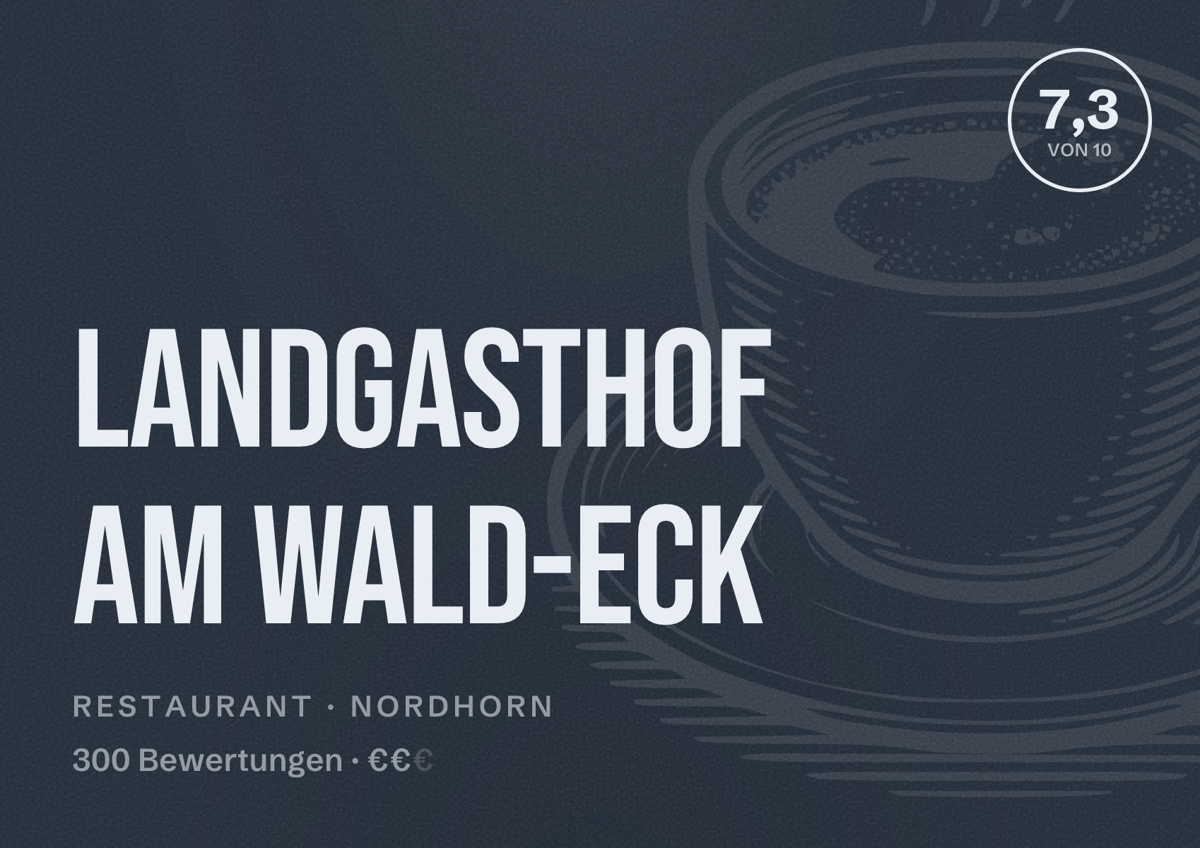Illustriertes Poster von Landgasthof Am Wald-Eck, Restaurant in Nordhorn: Bewertung 7,3 von 10 aus 300 Bewertungen, Preisniveau €€