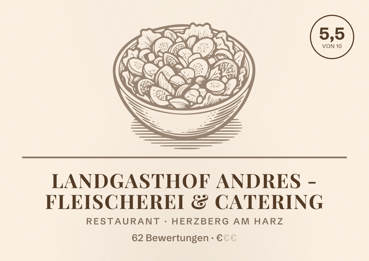 Illustriertes Poster von Landgasthof Andres - Fleischerei & Catering, Restaurant in Herzberg am Harz: Bewertung 5,5 von 10 aus 62 Bewertungen, Preisniveau €
