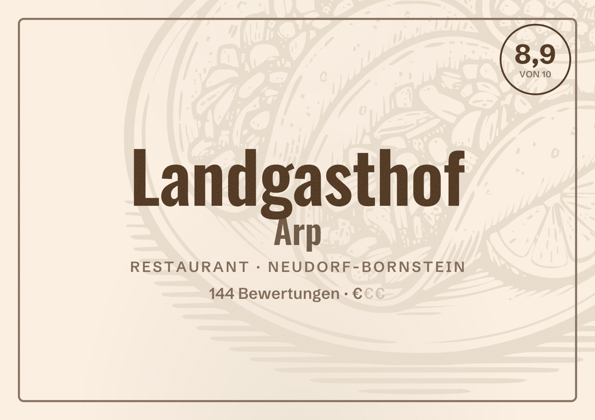 Illustriertes Poster von Landgasthof Arp, Restaurant in Neudorf-Bornstein: Bewertung 8,9 von 10 aus 144 Bewertungen, Preisniveau €