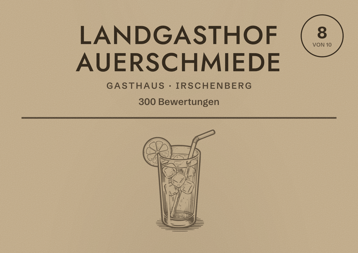 Illustriertes Poster von Landgasthof Auerschmiede, Gasthaus in Irschenberg: Bewertung 8 von 10 aus 300 Bewertungen