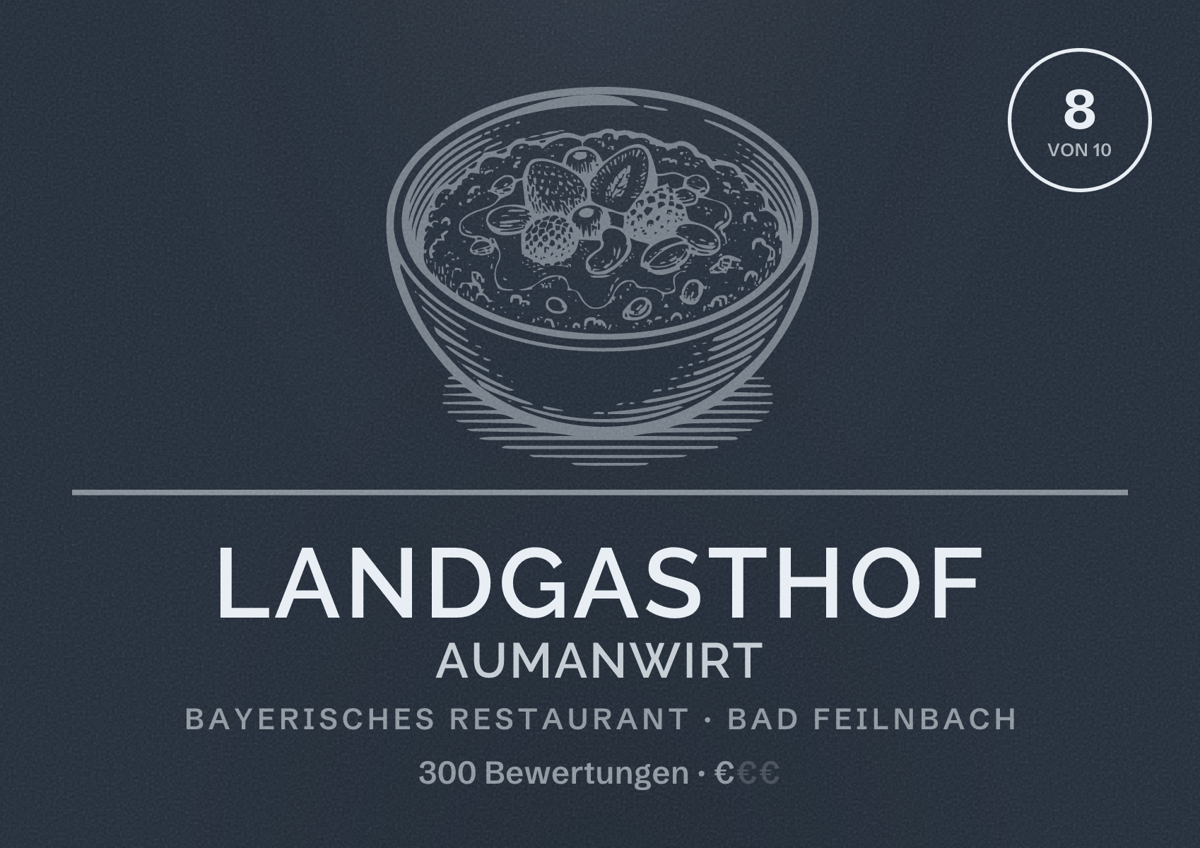 Illustriertes Poster von Landgasthof Aumanwirt, Bayerisches Restaurant in Bad Feilnbach: Bewertung 8 von 10 aus 300 Bewertungen, Preisniveau €