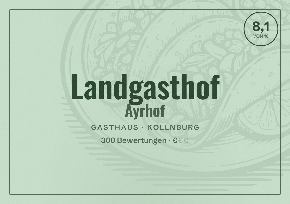 Illustriertes Poster von Landgasthof Ayrhof, Gasthaus in Kollnburg: Bewertung 8,1 von 10 aus 300 Bewertungen, Preisniveau €