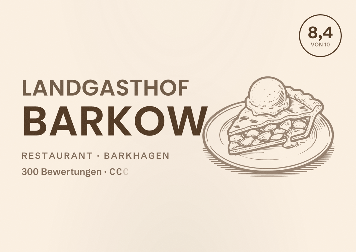 Illustriertes Poster von Landgasthof Barkow, Restaurant in Barkhagen: Bewertung 8,4 von 10 aus 300 Bewertungen, Preisniveau €€