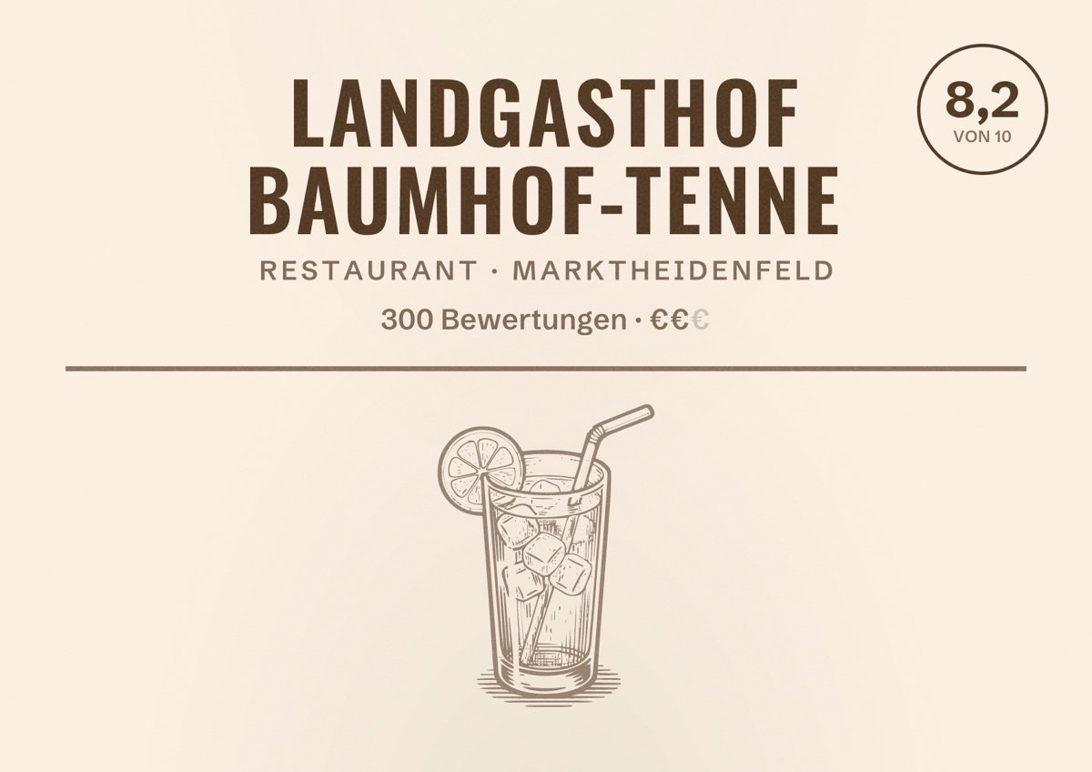 Illustriertes Poster von Landgasthof Baumhof-Tenne, Restaurant in Marktheidenfeld: Bewertung 8,2 von 10 aus 300 Bewertungen, Preisniveau €€