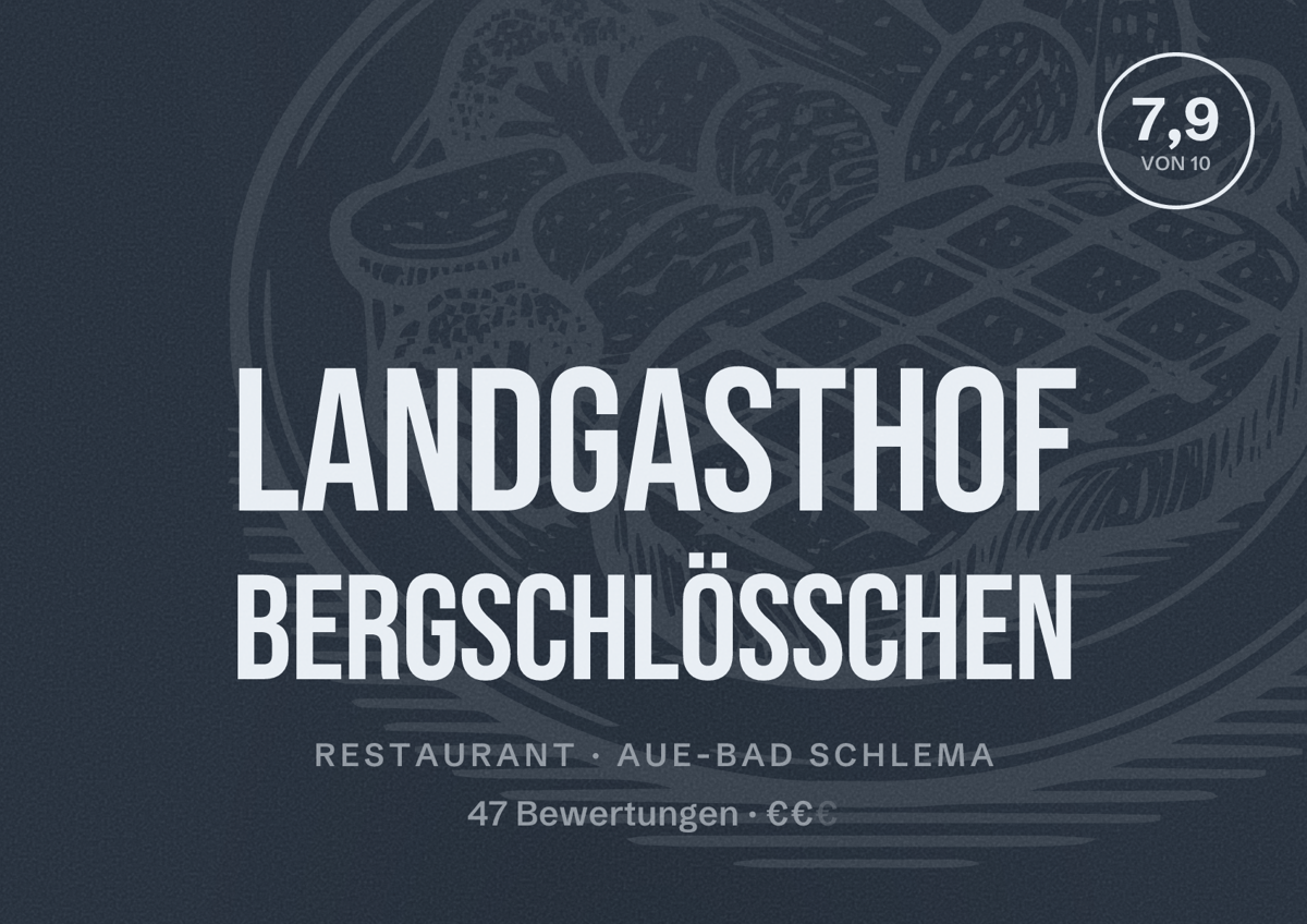 Illustriertes Poster von Landgasthof Bergschlösschen, Restaurant in Aue-Bad Schlema: Bewertung 7,9 von 10 aus 47 Bewertungen, Preisniveau €€