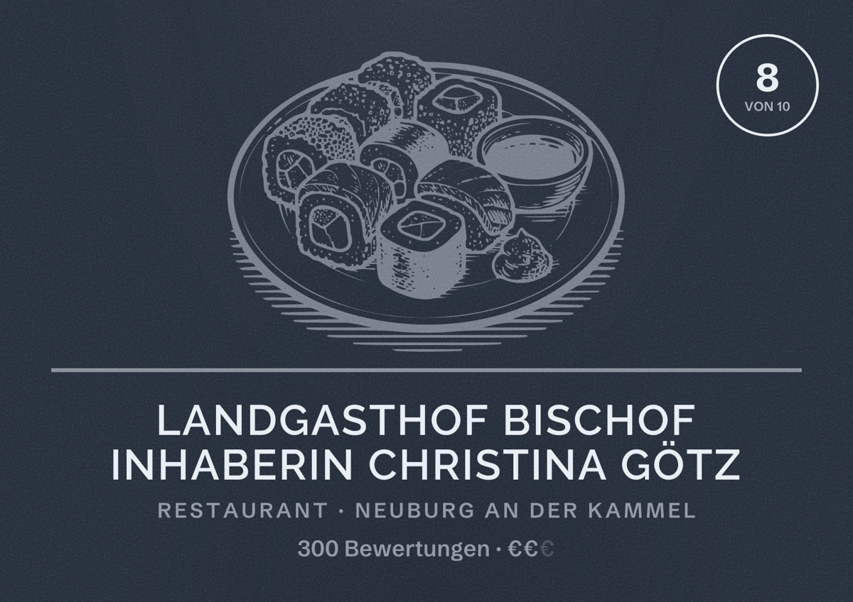 Illustriertes Poster von Landgasthof Bischof Inhaberin Christina Götz, Restaurant in Neuburg an der Kammel: Bewertung 8 von 10 aus 300 Bewertungen, Preisniveau €€