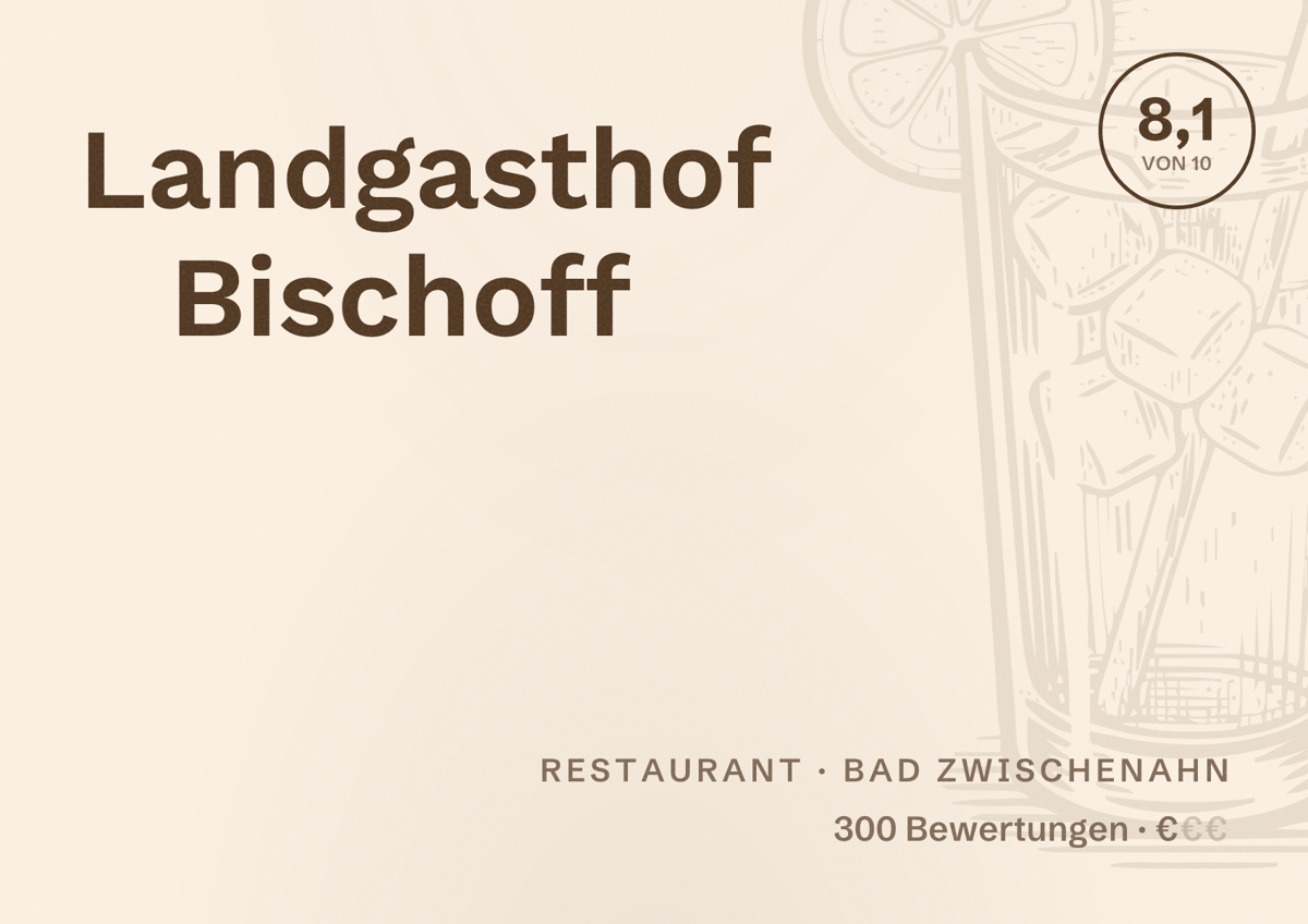 Illustriertes Poster von Landgasthof Bischoff, Restaurant in Bad Zwischenahn: Bewertung 8,1 von 10 aus 300 Bewertungen, Preisniveau €