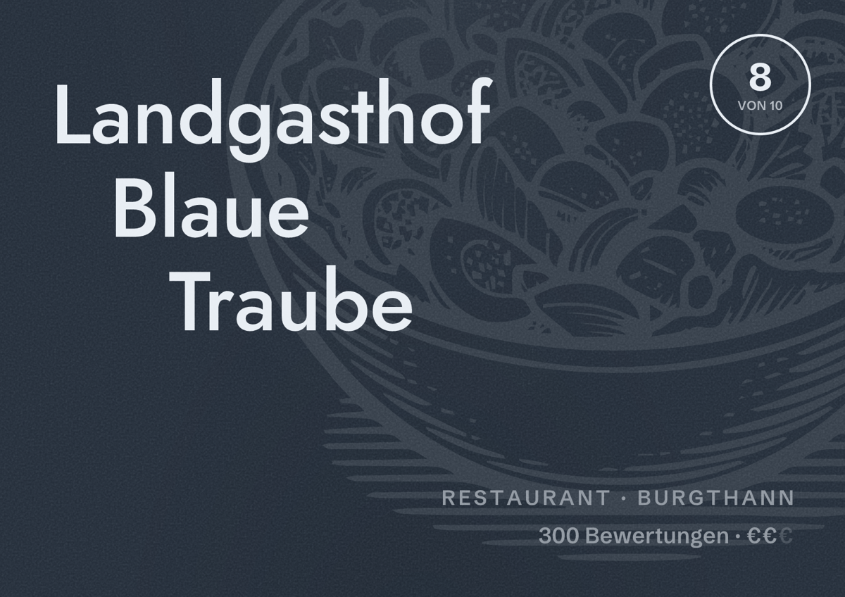 Illustriertes Poster von Landgasthof Blaue Traube, Restaurant in Burgthann: Bewertung 8 von 10 aus 300 Bewertungen, Preisniveau €€