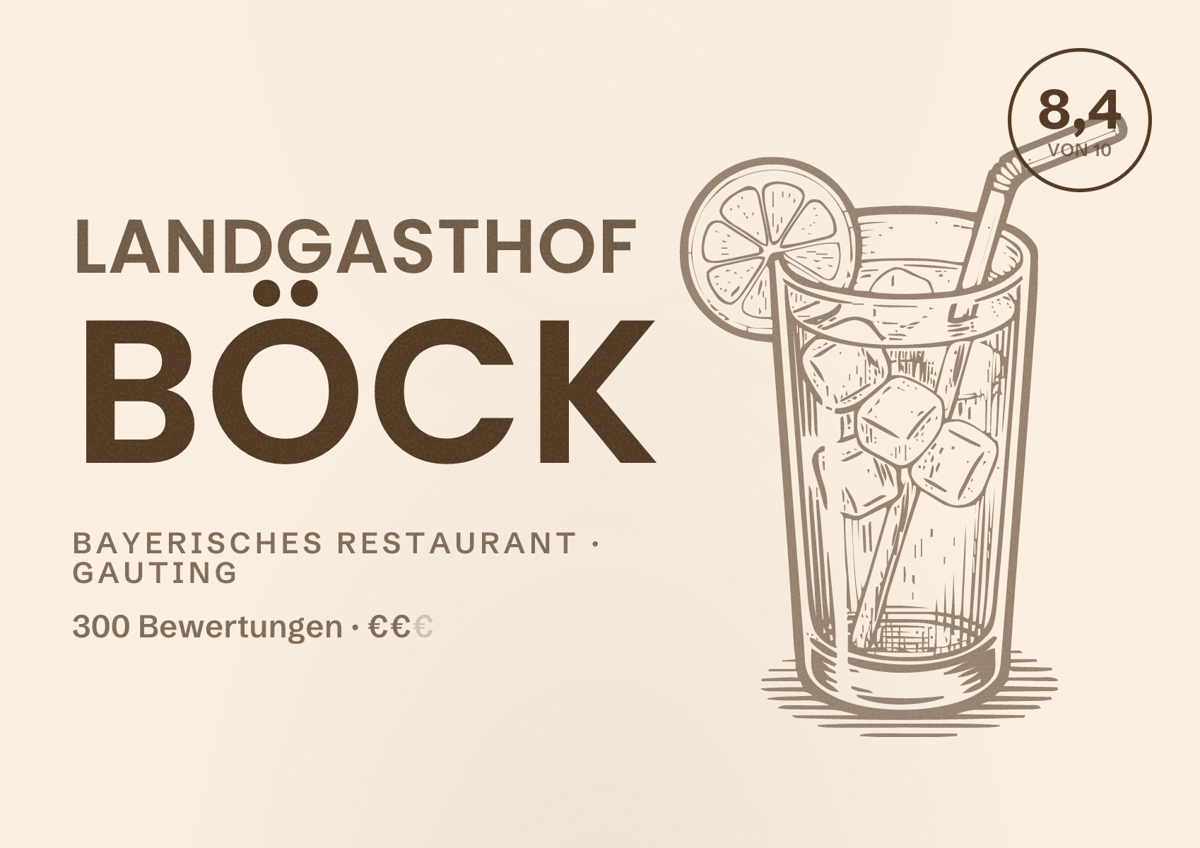 Illustriertes Poster von Landgasthof Böck, Bayerisches Restaurant in Gauting: Bewertung 8,4 von 10 aus 300 Bewertungen, Preisniveau €€