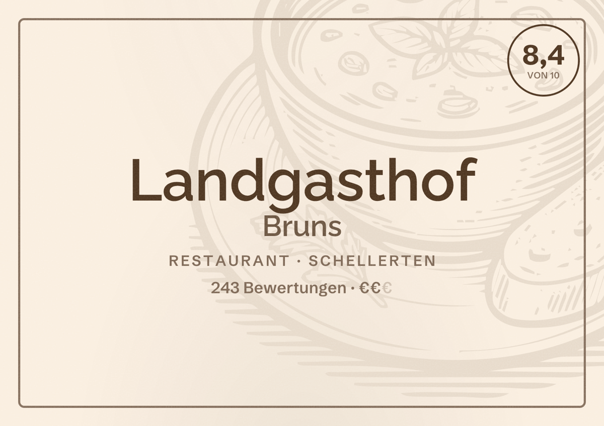 Illustriertes Poster von Landgasthof Bruns, Restaurant in Schellerten: Bewertung 8,4 von 10 aus 243 Bewertungen, Preisniveau €€