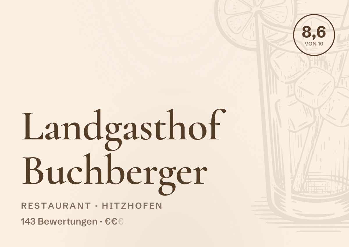 Illustriertes Poster von Landgasthof Buchberger, Restaurant in Hitzhofen: Bewertung 8,6 von 10 aus 143 Bewertungen, Preisniveau €€
