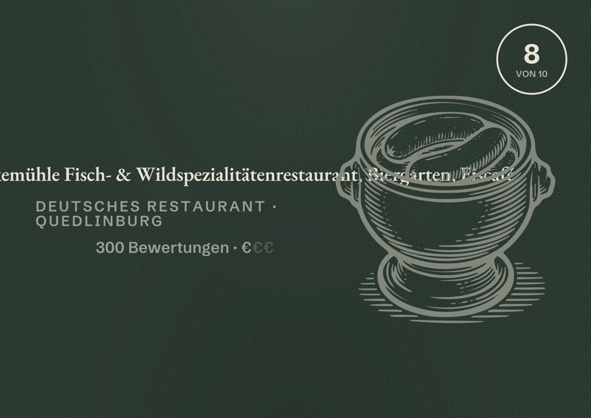 Illustriertes Poster von Landgasthof Bückemühle Fisch- & Wildspezialitätenrestaurant, Biergarten, Eiscafé, Deutsches Restaurant in Quedlinburg: Bewertung 8 von 10 aus 300 Bewertungen, Preisniveau €