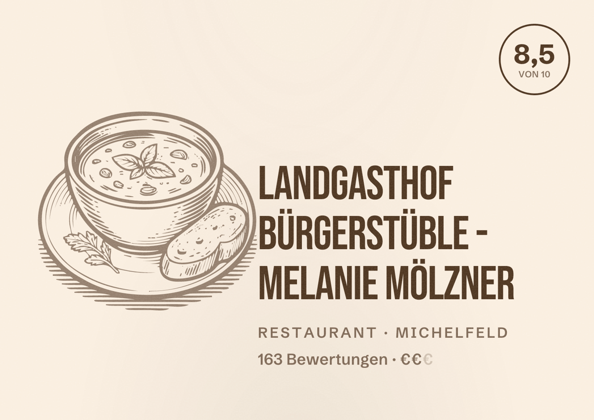 Illustriertes Poster von Landgasthof Bürgerstüble - Melanie Mölzner, Restaurant in Michelfeld: Bewertung 8,5 von 10 aus 163 Bewertungen, Preisniveau €€