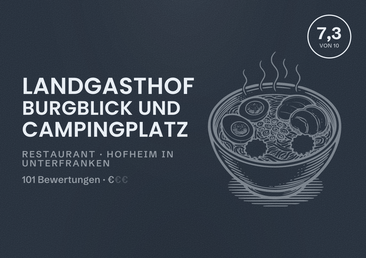 Illustriertes Poster von Landgasthof Burgblick und Campingplatz, Restaurant in Hofheim in Unterfranken: Bewertung 7,3 von 10 aus 101 Bewertungen, Preisniveau €