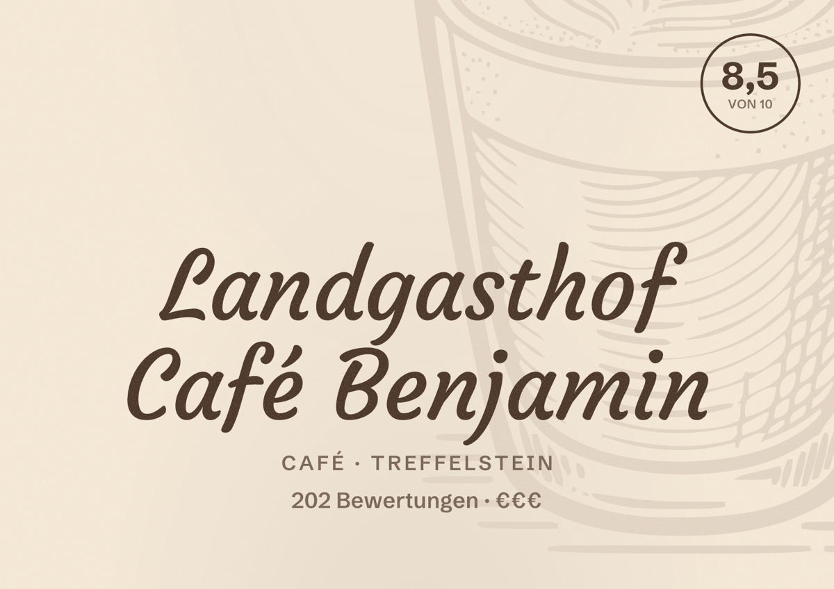 Illustriertes Poster von Landgasthof Café Benjamin, Café in Treffelstein: Bewertung 8,5 von 10 aus 202 Bewertungen, Preisniveau €€€