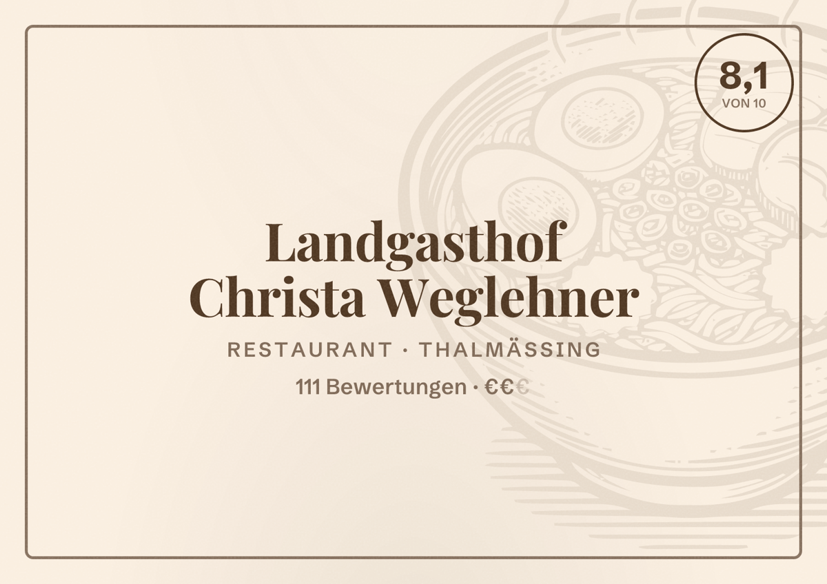 Illustriertes Poster von Landgasthof Christa Weglehner, Restaurant in Thalmässing: Bewertung 8,1 von 10 aus 111 Bewertungen, Preisniveau €€