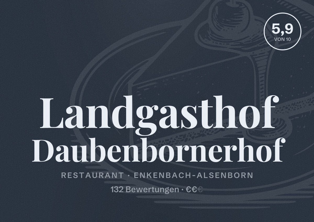 Illustriertes Poster von Landgasthof Daubenbornerhof, Restaurant in Enkenbach-Alsenborn: Bewertung 5,9 von 10 aus 132 Bewertungen, Preisniveau €€