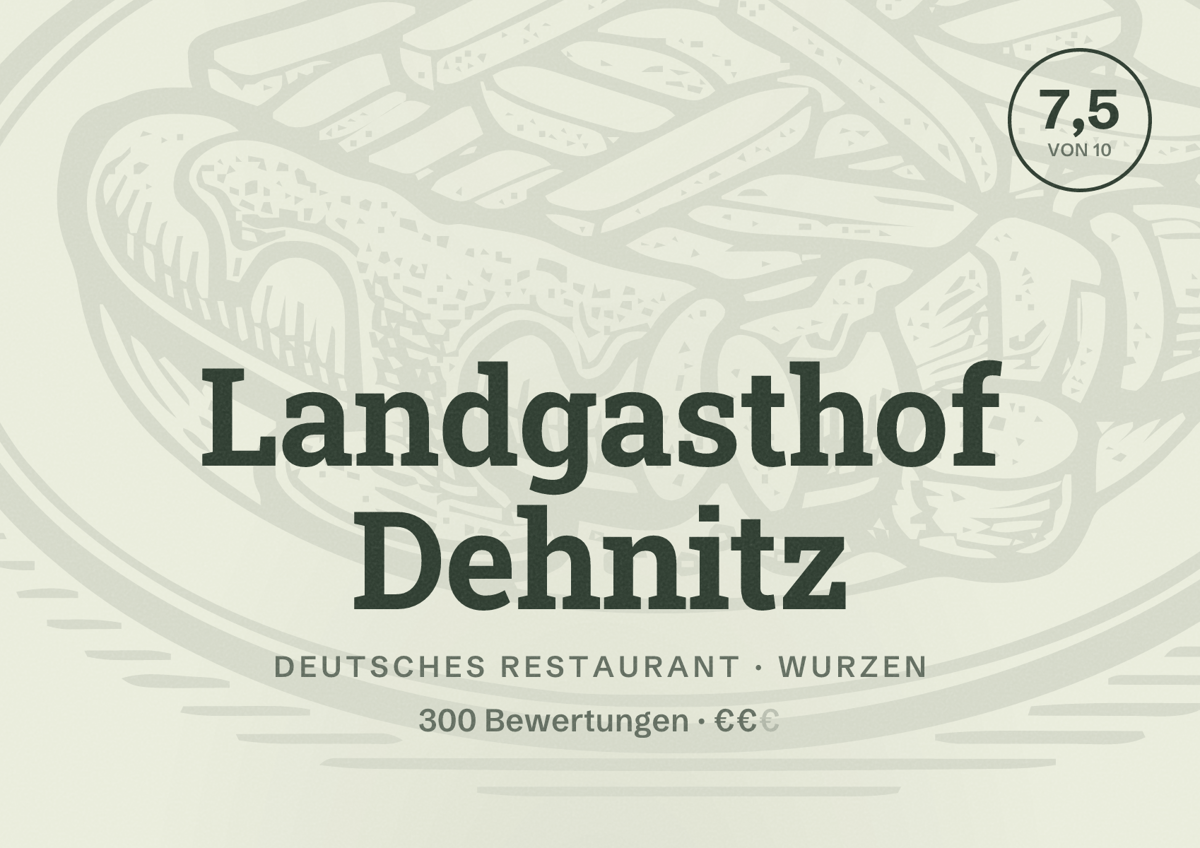 Illustriertes Poster von Landgasthof Dehnitz, Deutsches Restaurant in Wurzen: Bewertung 7,5 von 10 aus 300 Bewertungen, Preisniveau €€