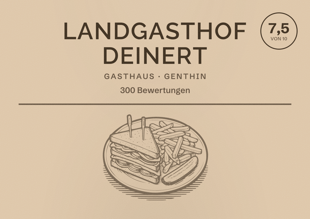 Illustriertes Poster von Landgasthof Deinert, Gasthaus in Genthin: Bewertung 7,5 von 10 aus 300 Bewertungen