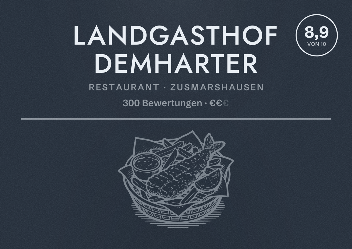 Illustriertes Poster von Landgasthof Demharter, Restaurant in Zusmarshausen: Bewertung 8,9 von 10 aus 300 Bewertungen, Preisniveau €€