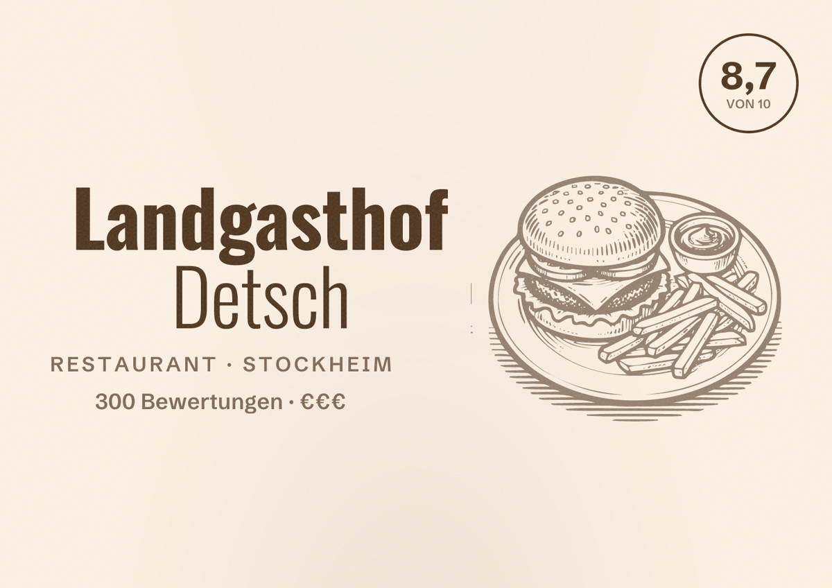 Illustriertes Poster von Landgasthof Detsch, Restaurant in Stockheim: Bewertung 8,7 von 10 aus 300 Bewertungen, Preisniveau €€€