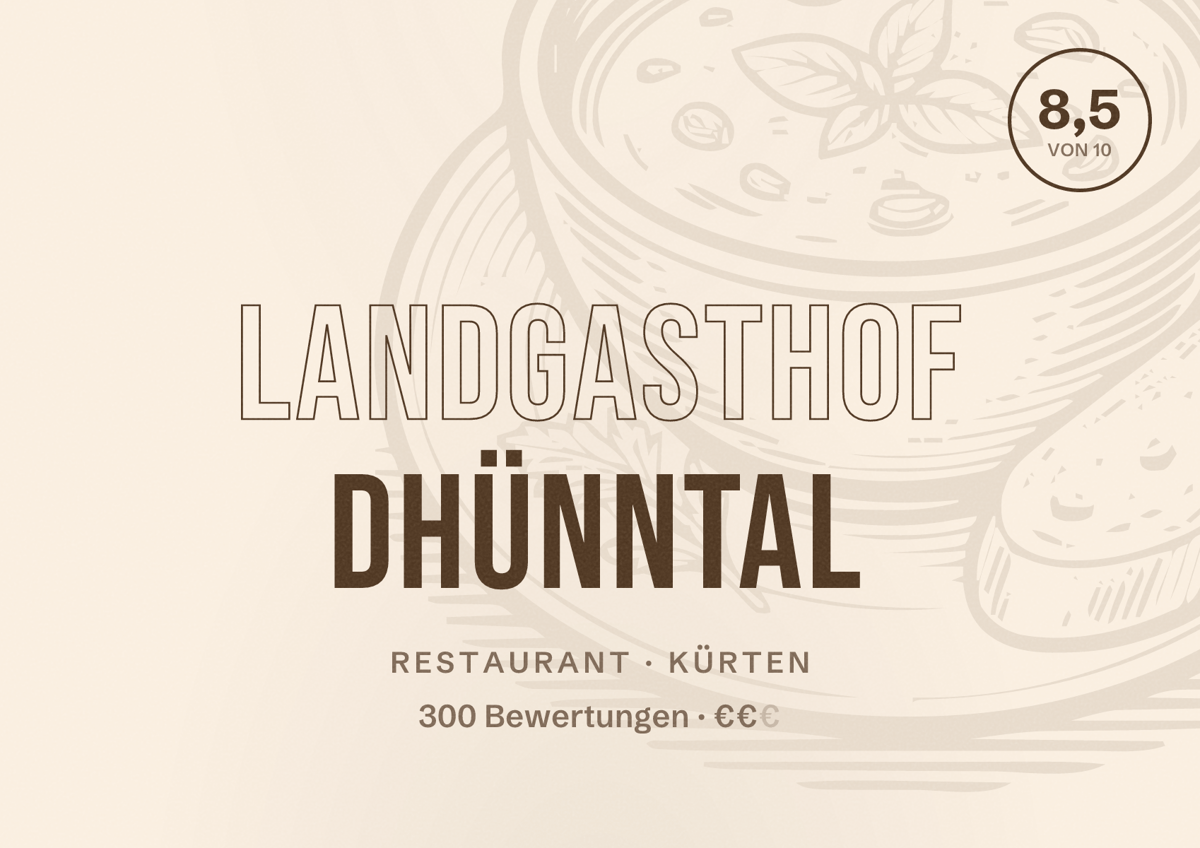 Illustriertes Poster von Landgasthof Dhünntal, Restaurant in Kürten: Bewertung 8,5 von 10 aus 300 Bewertungen, Preisniveau €€