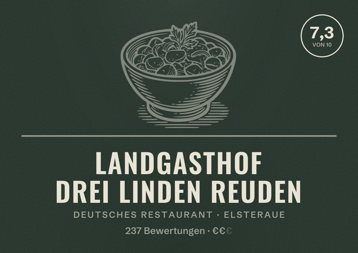 Illustriertes Poster von Landgasthof Drei Linden Reuden, Deutsches Restaurant in Elsteraue: Bewertung 7,3 von 10 aus 237 Bewertungen, Preisniveau €€