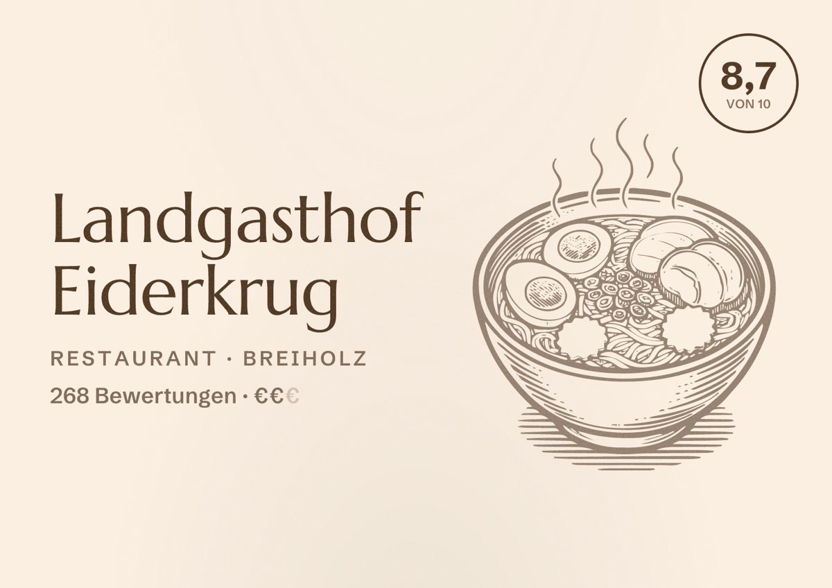 Illustriertes Poster von Landgasthof Eiderkrug, Restaurant in Breiholz: Bewertung 8,7 von 10 aus 268 Bewertungen, Preisniveau €€