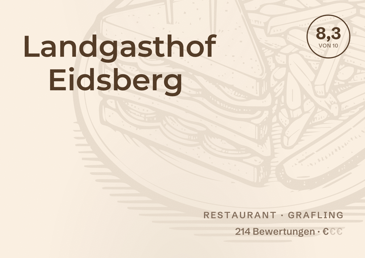 Illustriertes Poster von Landgasthof Eidsberg, Restaurant in Grafling: Bewertung 8,3 von 10 aus 214 Bewertungen, Preisniveau €