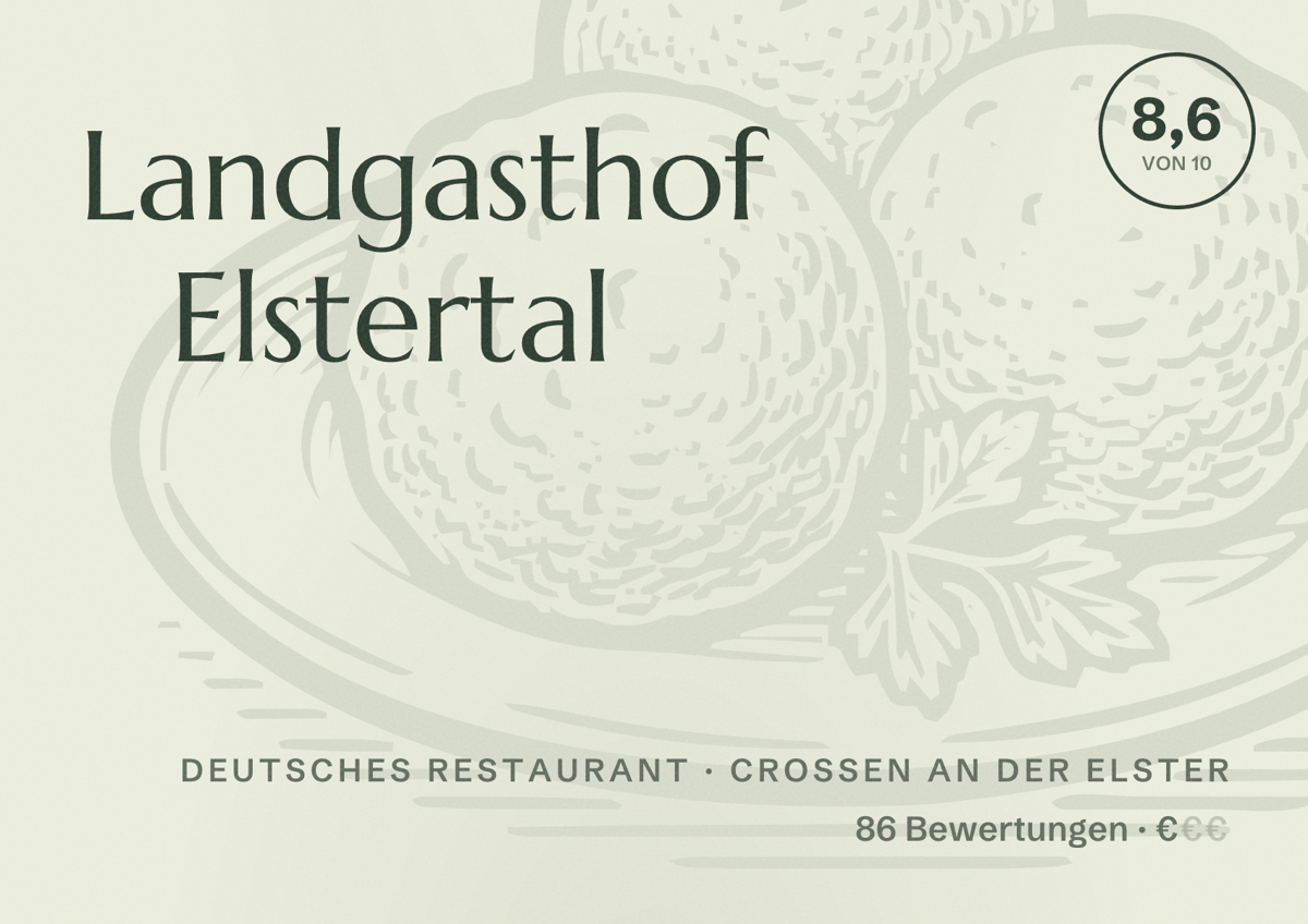 Illustriertes Poster von Landgasthof Elstertal, Deutsches Restaurant in Crossen an der Elster: Bewertung 8,6 von 10 aus 86 Bewertungen, Preisniveau €