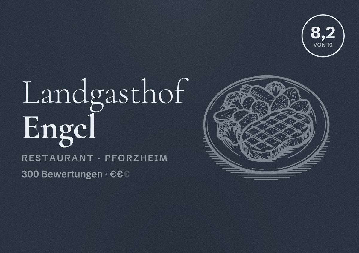 Illustriertes Poster von Landgasthof Engel, Restaurant in Pforzheim: Bewertung 8,2 von 10 aus 300 Bewertungen, Preisniveau €€