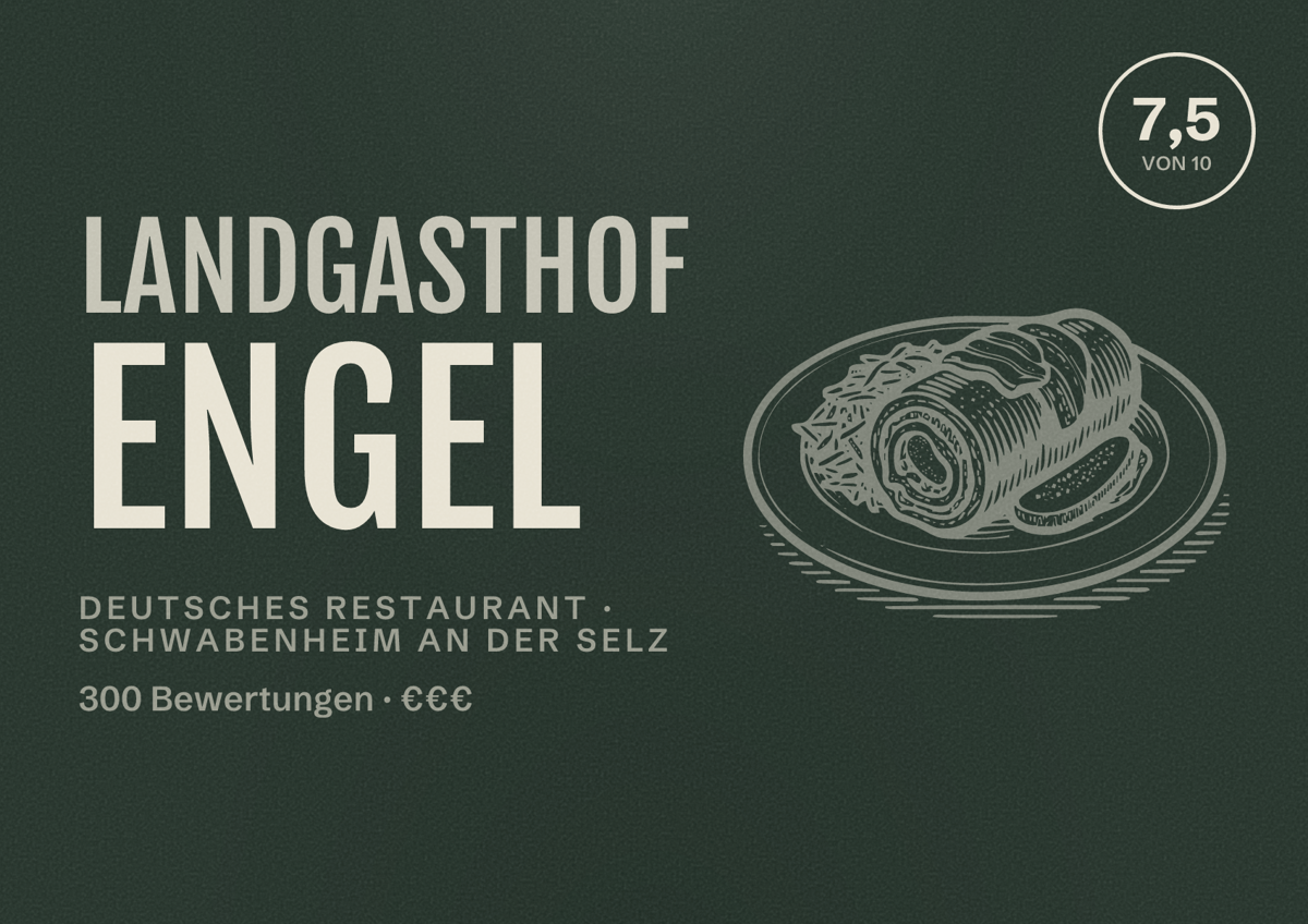 Illustriertes Poster von Landgasthof Engel, Deutsches Restaurant in Schwabenheim an der Selz: Bewertung 7,5 von 10 aus 300 Bewertungen, Preisniveau €€€