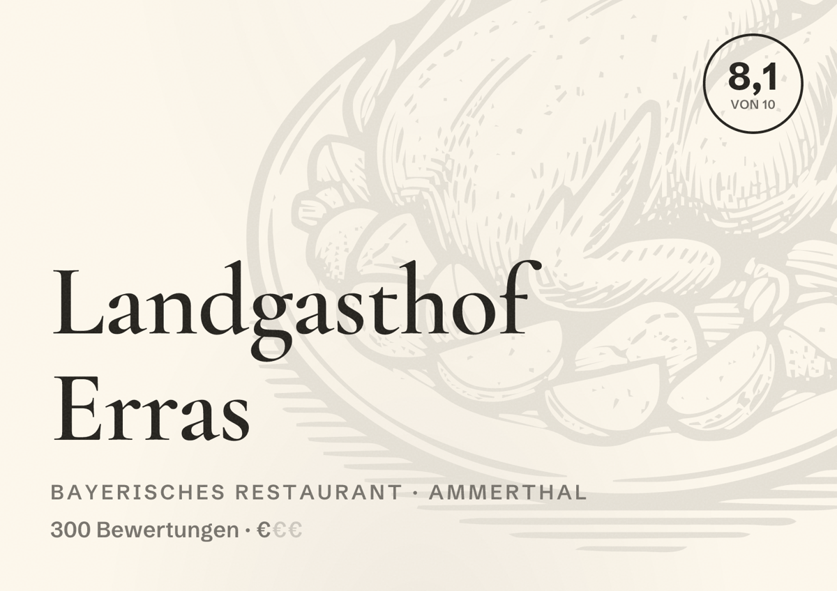 Illustriertes Poster von Landgasthof Erras, Bayerisches Restaurant in Ammerthal: Bewertung 8,1 von 10 aus 300 Bewertungen, Preisniveau €