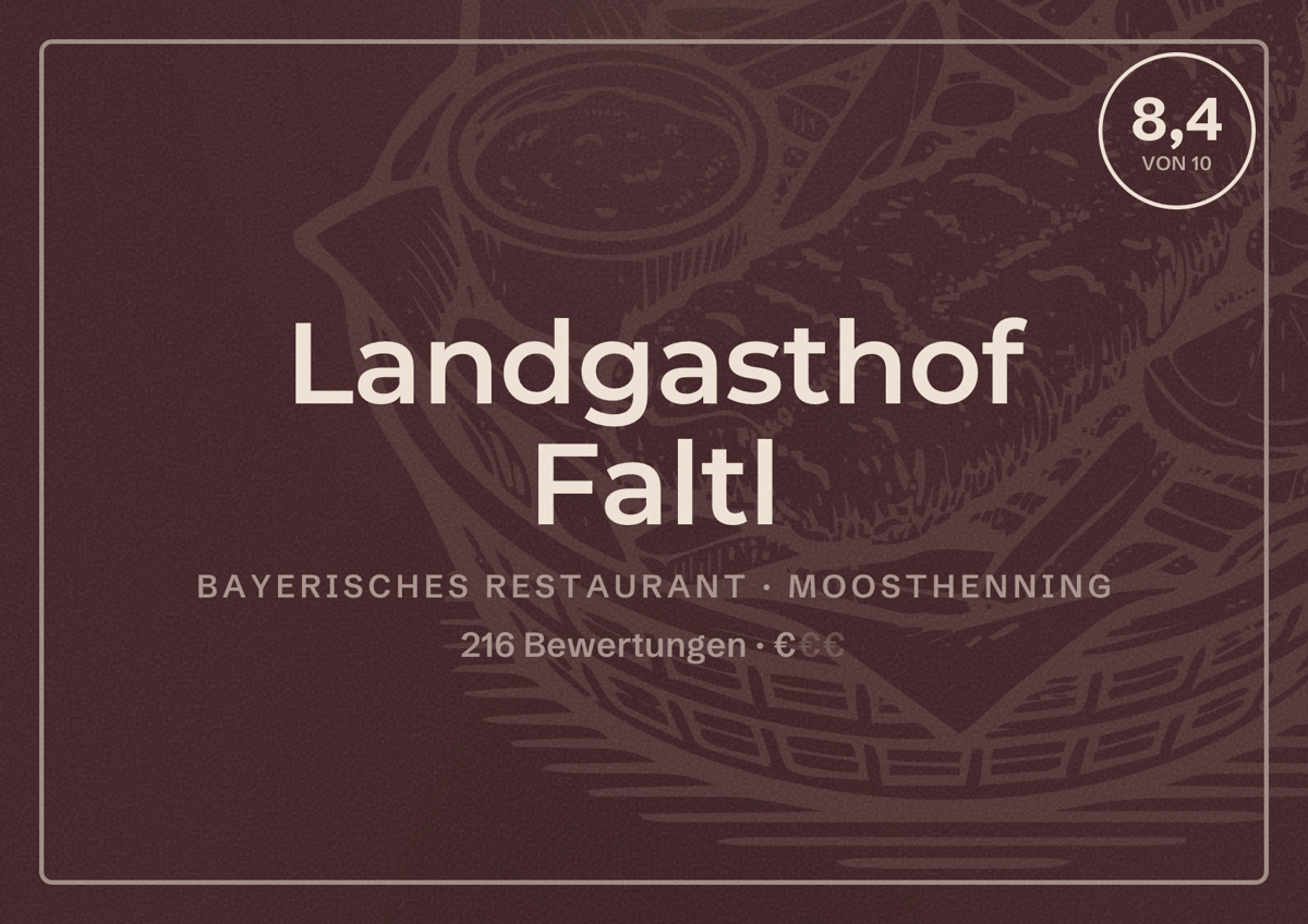 Illustriertes Poster von Landgasthof Faltl, Bayerisches Restaurant in Moosthenning: Bewertung 8,4 von 10 aus 216 Bewertungen, Preisniveau €