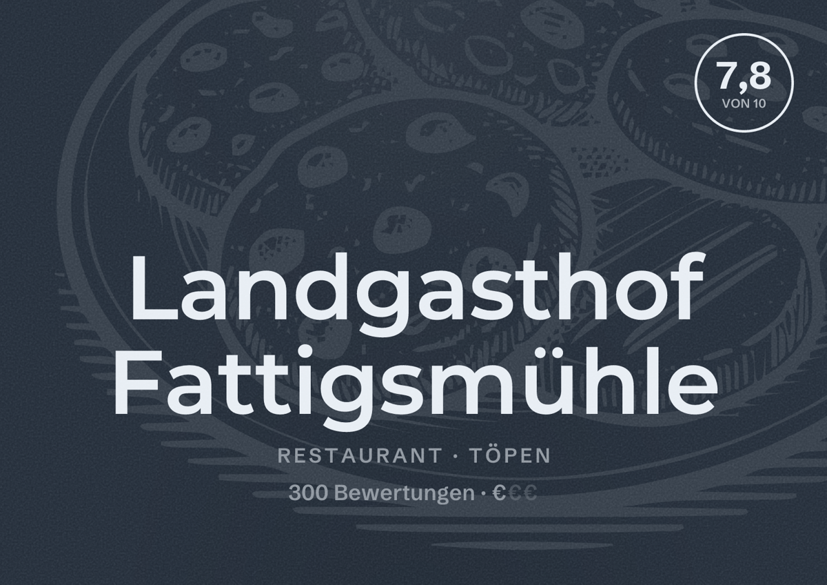 Illustriertes Poster von Landgasthof Fattigsmühle, Restaurant in Töpen: Bewertung 7,8 von 10 aus 300 Bewertungen, Preisniveau €