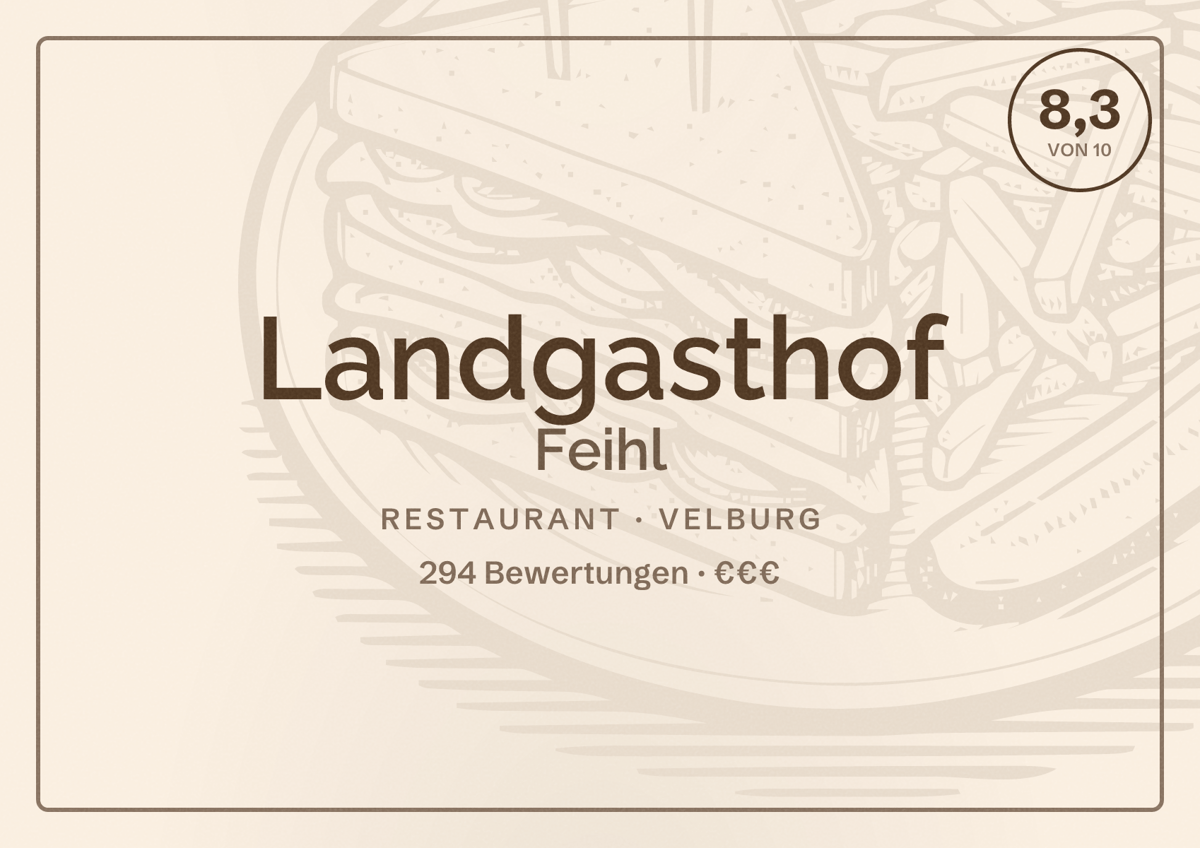 Illustriertes Poster von Landgasthof Feihl, Restaurant in Velburg: Bewertung 8,3 von 10 aus 294 Bewertungen, Preisniveau €€€