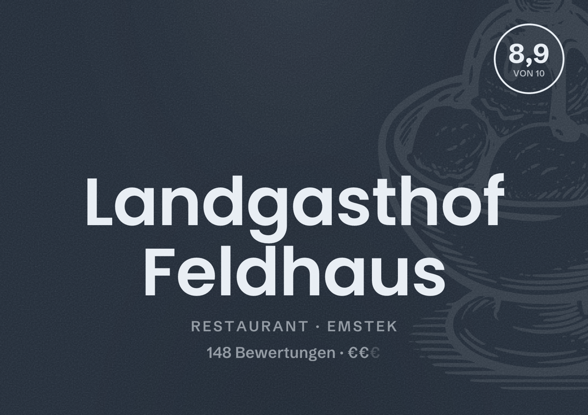 Illustriertes Poster von Landgasthof Feldhaus, Restaurant in Emstek: Bewertung 8,9 von 10 aus 148 Bewertungen, Preisniveau €€