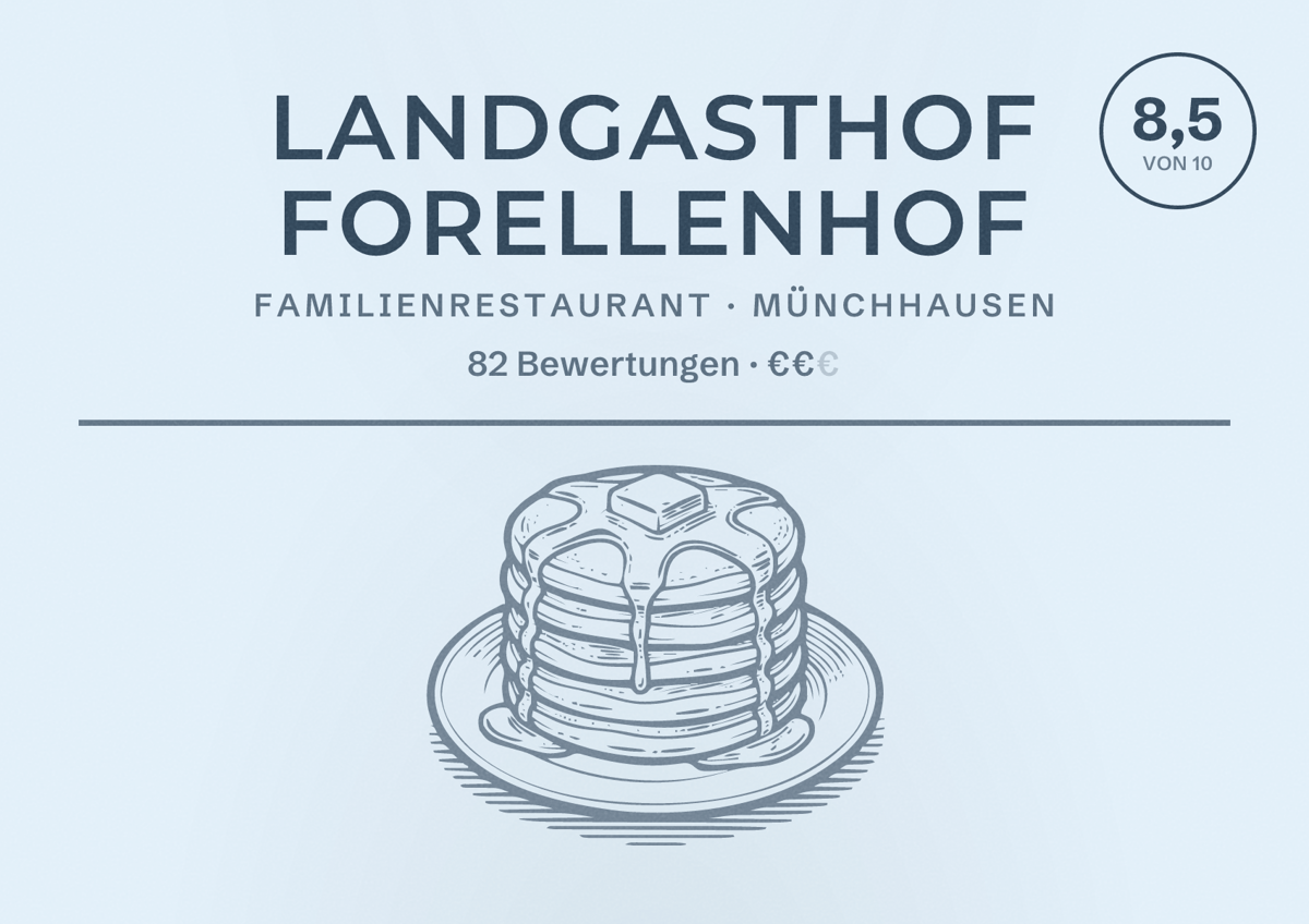 Illustriertes Poster von Landgasthof Forellenhof, Familienrestaurant in Münchhausen: Bewertung 8,5 von 10 aus 82 Bewertungen, Preisniveau €€