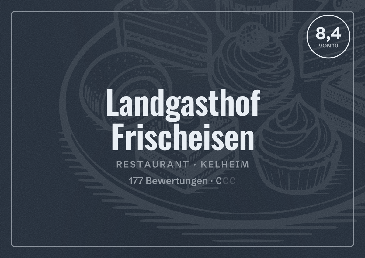 Illustriertes Poster von Landgasthof Frischeisen, Restaurant in Kelheim: Bewertung 8,4 von 10 aus 177 Bewertungen, Preisniveau €