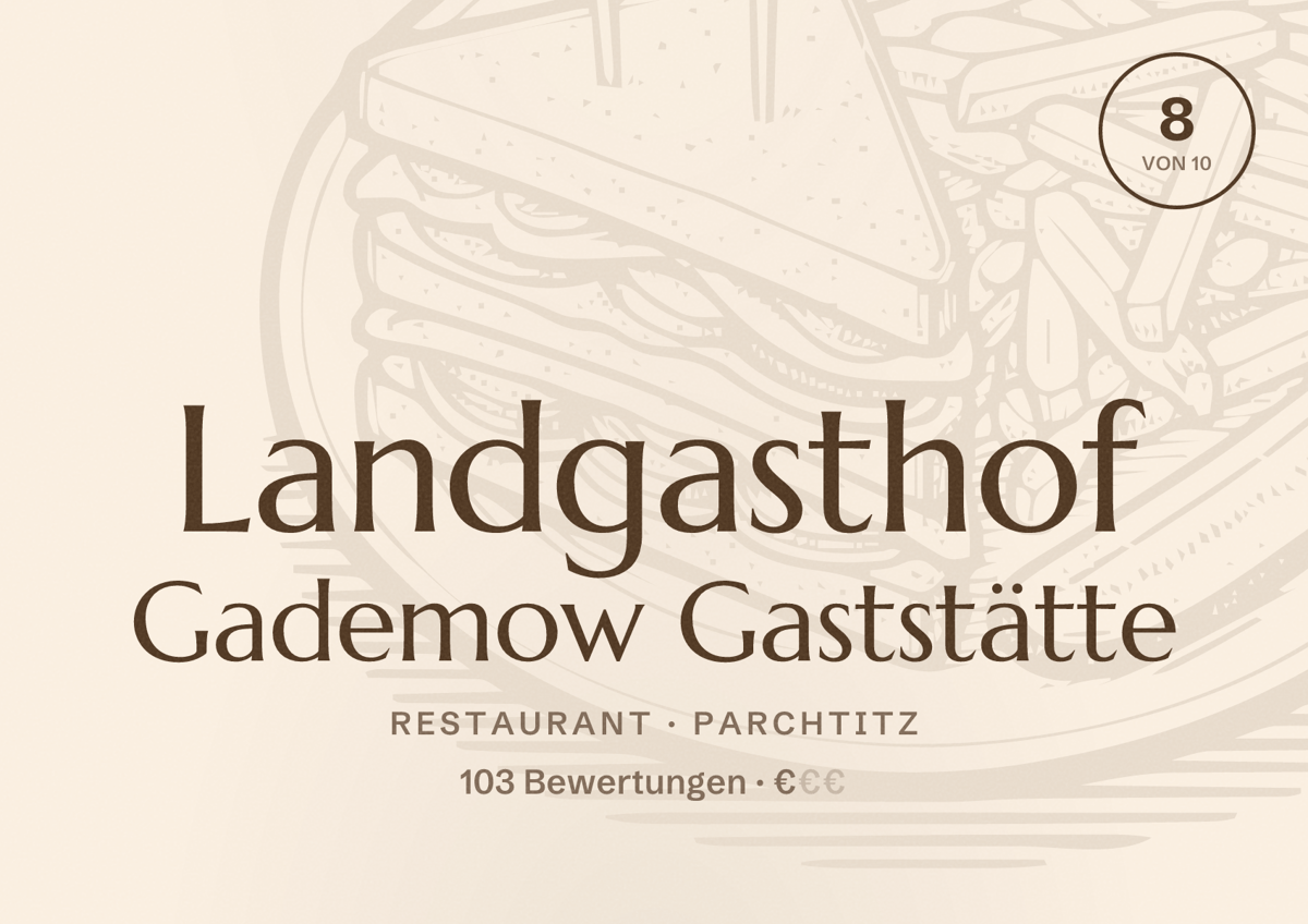 Illustriertes Poster von Landgasthof Gademow Gaststätte, Restaurant in Parchtitz: Bewertung 8 von 10 aus 103 Bewertungen, Preisniveau €