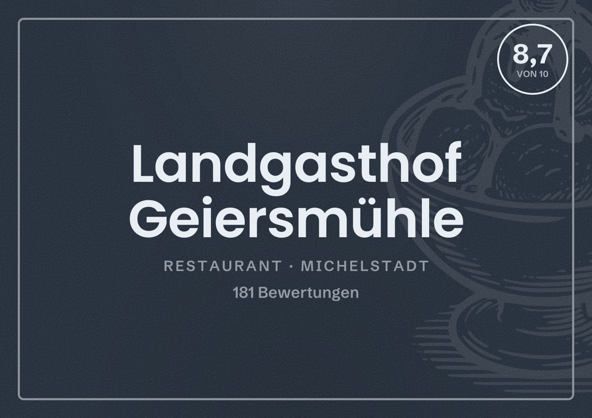 Illustriertes Poster von Landgasthof Geiersmühle, Restaurant in Michelstadt: Bewertung 8,7 von 10 aus 181 Bewertungen