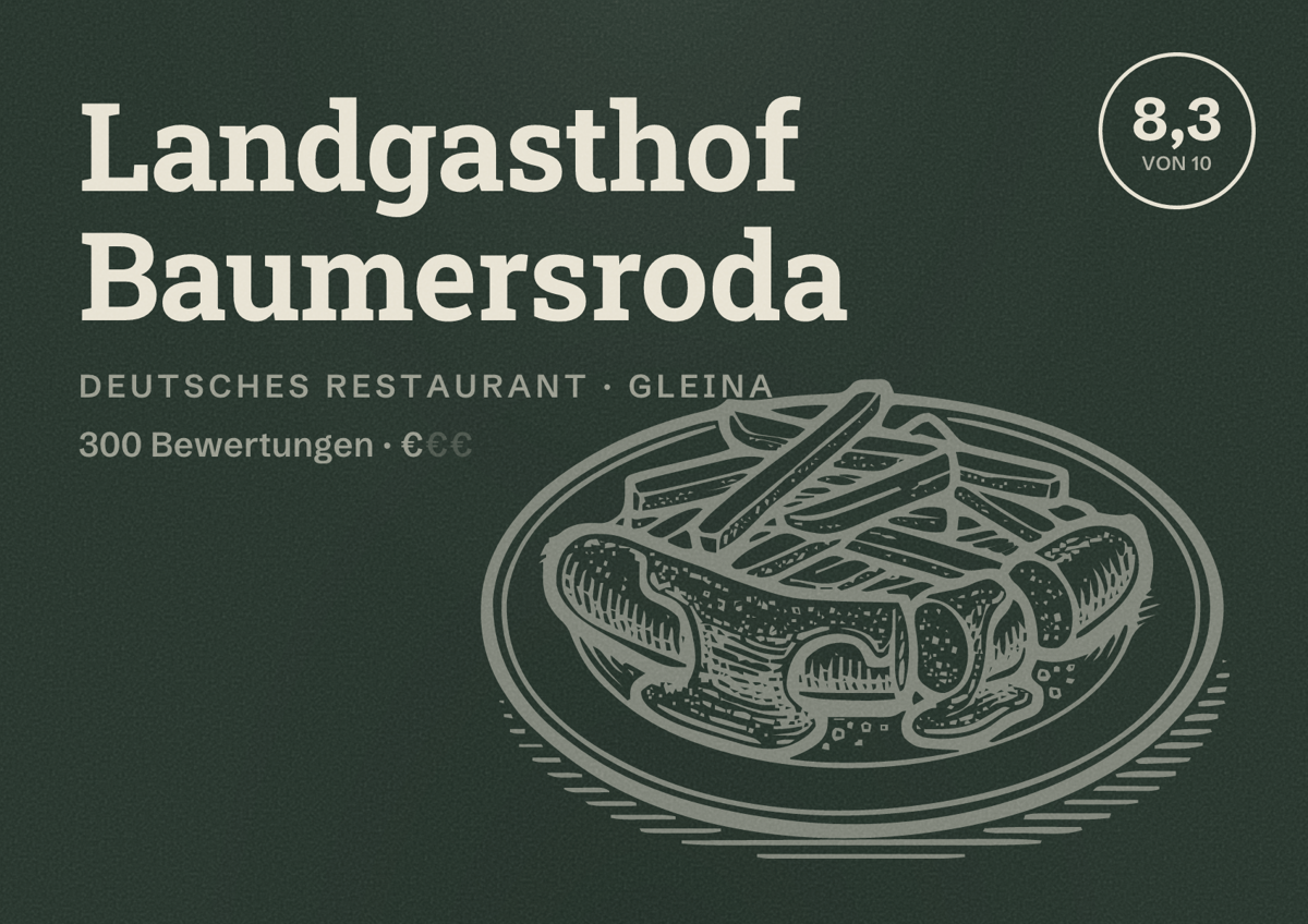 Illustriertes Poster von Landgasthof Baumersroda, Deutsches Restaurant in Gleina: Bewertung 8,3 von 10 aus 300 Bewertungen, Preisniveau €