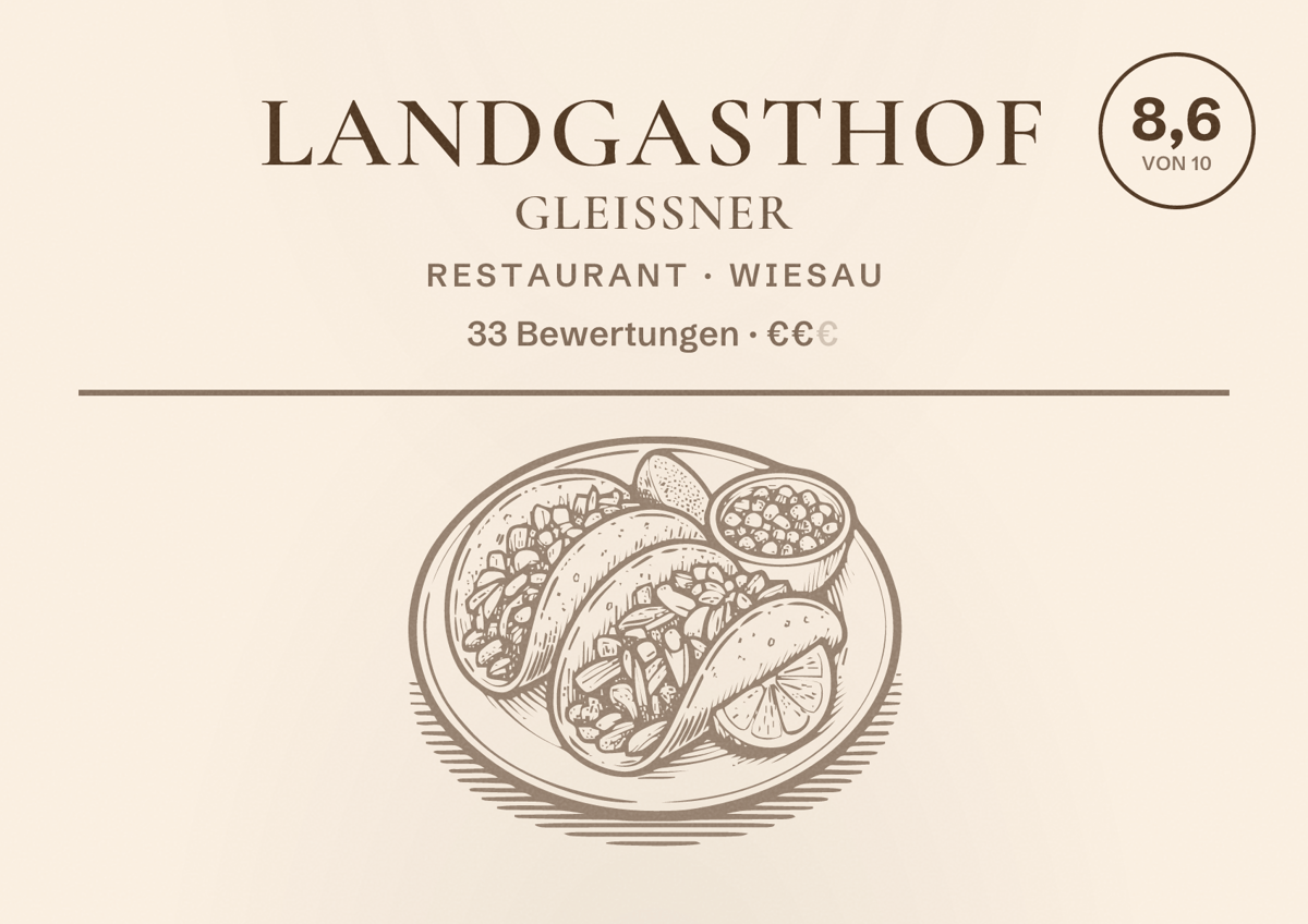 Illustriertes Poster von Landgasthof Gleißner, Restaurant in Wiesau: Bewertung 8,6 von 10 aus 33 Bewertungen, Preisniveau €€