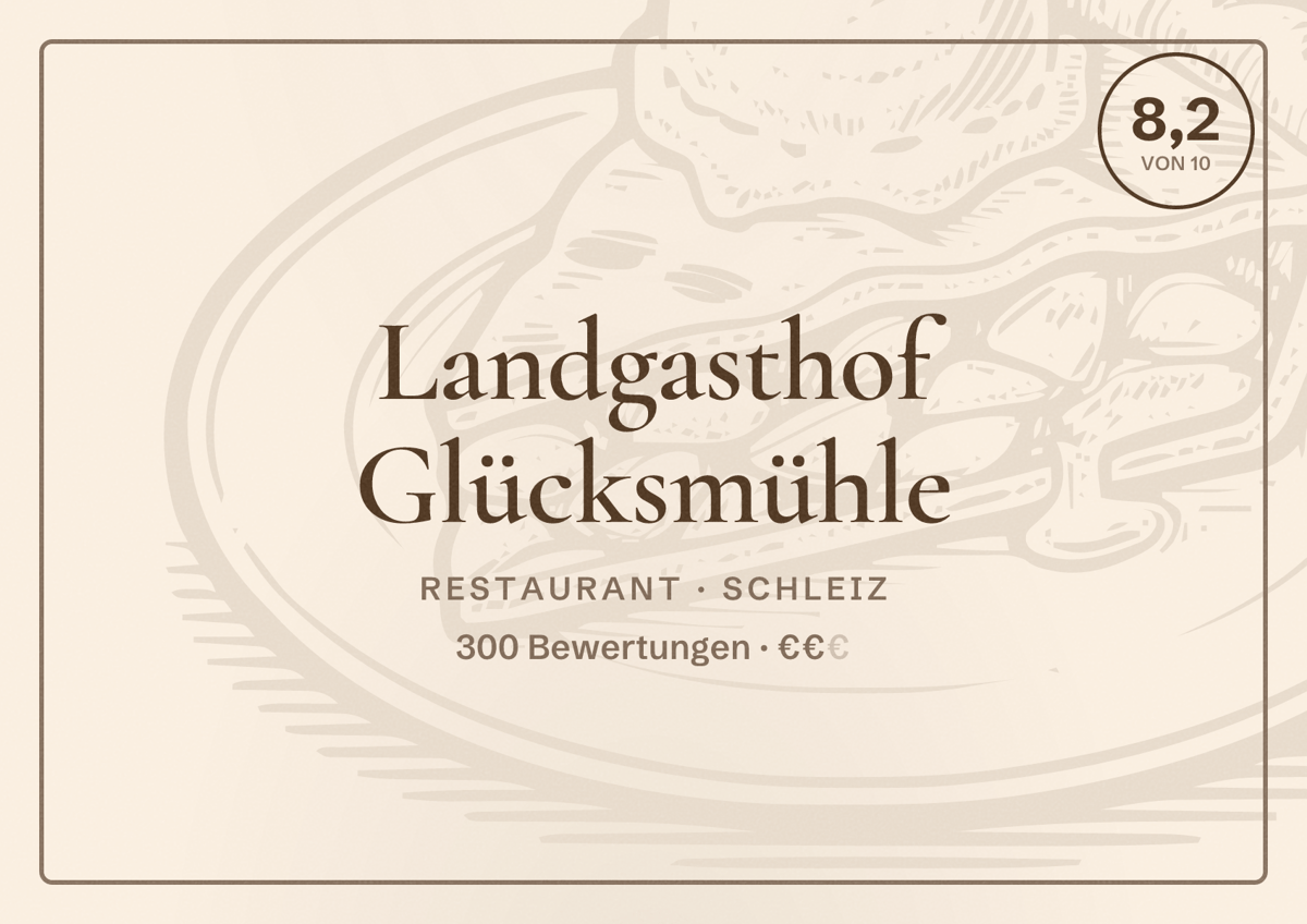 Illustriertes Poster von Landgasthof Glücksmühle, Restaurant in Schleiz: Bewertung 8,2 von 10 aus 300 Bewertungen, Preisniveau €€