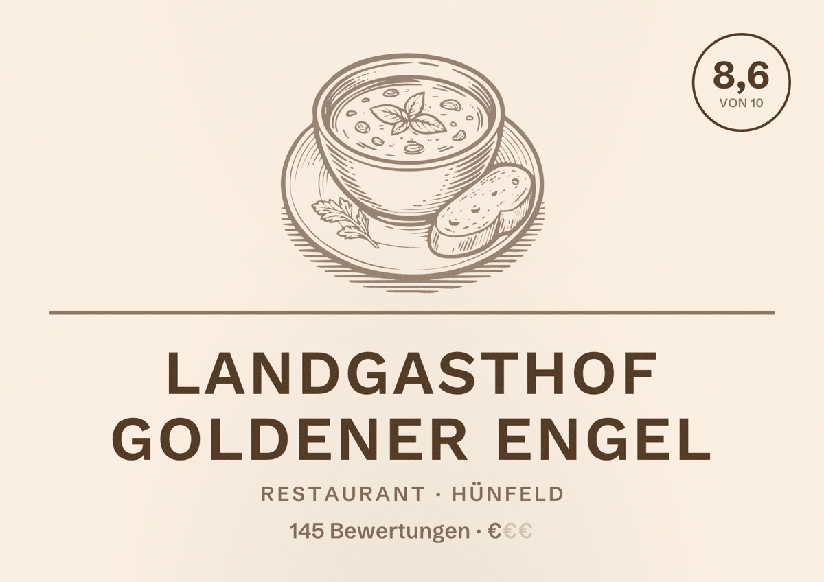 Illustriertes Poster von Landgasthof Goldener Engel, Restaurant in Hünfeld: Bewertung 8,6 von 10 aus 145 Bewertungen, Preisniveau €